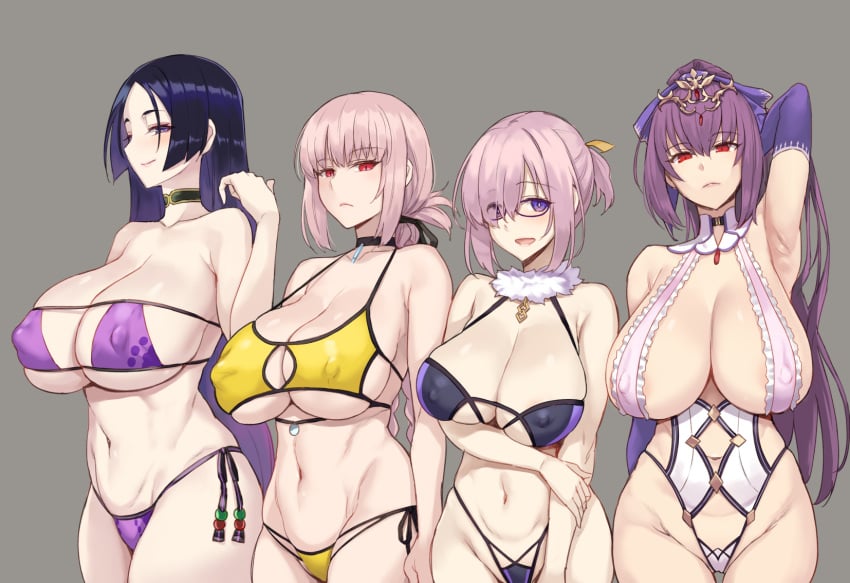 4girls areola_slip areolae armpits bangs bare_shoulders beads bikini blue_bikini blush braid breasts chaldea_lifesavers choker clavicle cleavage curvaceous elbow_gloves emotionless erect_nipples erect_nipples_under_clothes expressionless eyepatch_bikini fate/grand_order fate_(series) female female_only florence_nightingale_(chaldea_lifesavers)_(fate) florence_nightingale_(fate) folded_ponytail fur_collar g-string glasses gloves grey_background group_comparison hair_between_eyes hair_ornament hair_over_one_eye hair_ribbon halterneck headpiece high_resolution highleg highleg_bikini highleg_swimsuit huge_breasts large_breasts lavender_hair lineup long_hair looking_at_viewer mash_kyrielight megane milf minamoto_no_raikou_(fate) minamoto_no_raikou_(fate/grand_order) minamoto_no_raikou_(swimsuit_lancer) motherload multi-strapped_bikini multiple_girls navel nipples one-piece_swimsuit one_arm_up open_mouth parted_bangs pink_hair ponytail purple_bikini purple_eyes purple_gloves purple_hair purple_ribbon red_eyes ribbon scathach_(fate) short_hair short_ponytail side-tie_bikini sideboob simple_background slender_waist smile string_bikini swimsuit thong tiara tied_hair underboob very_long_hair white_swimsuit yellow_bikini yellow_swimsuit zhen_lu