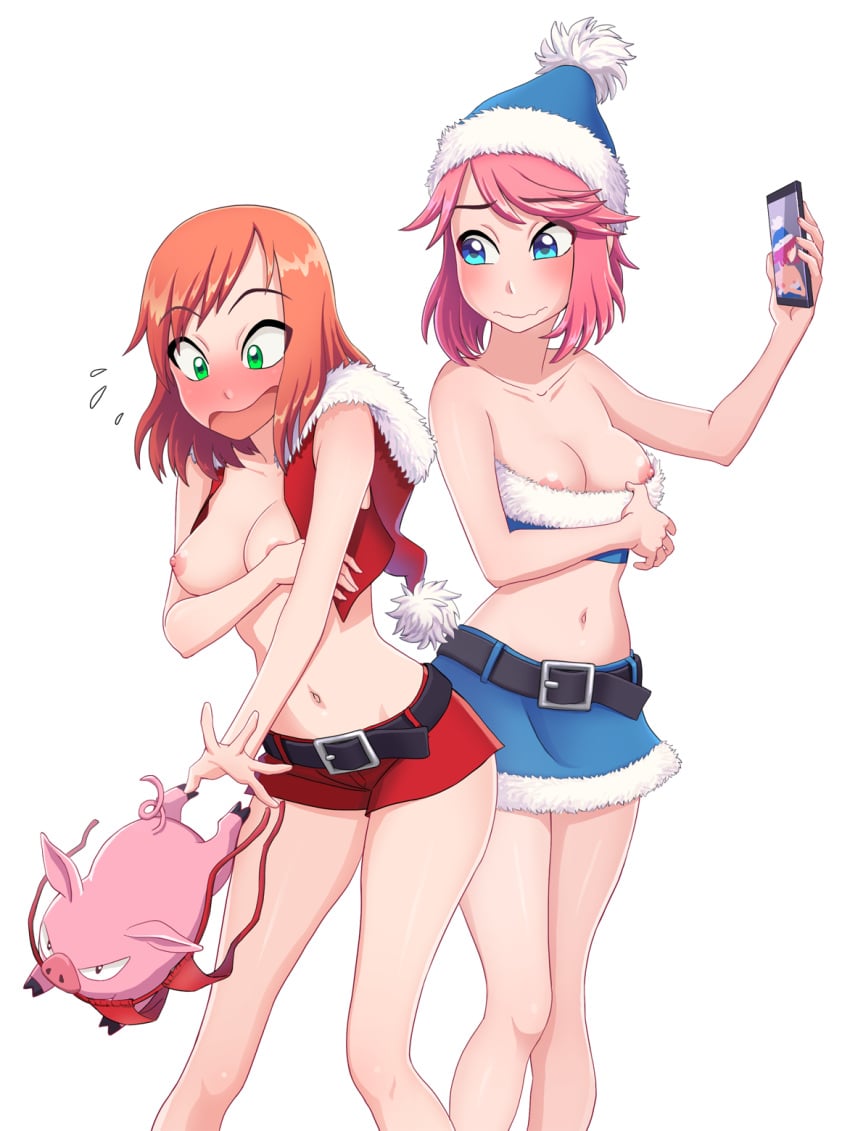 2girls belt bikini blue_eyes blue_shirt blush breasts christmas_outfit crop_top cropped_jacket embarrassed enf era_(era_hunter) erahunter erahunter_(game) forced_exposure green_eyes medium_hair midriff multiple_girls naked_adventure navel nika_(naked_adventure) nipple_slip nipples pig pink_hair red_bikini red_hair red_shorts santa_costume santa_hat selfie short_hair shorts skirt sleeveless_jacket stolen_bikini stolen_swimsuit topless tubetop