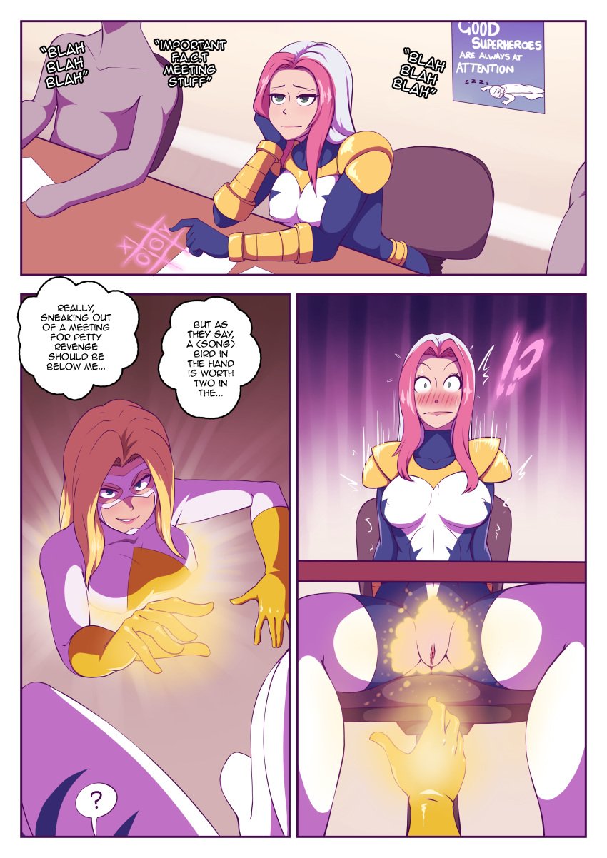 between_legs blonde_hair blush bored clothing comic dissolving_clothes dmxwoops embarrassed erect_nipples erect_nipples_under_clothes exposed_pussy exposure forced_exposure marvel marvel_comics moonstone_(marvel) pink_hair songbird superheroine thunderbolts yuri