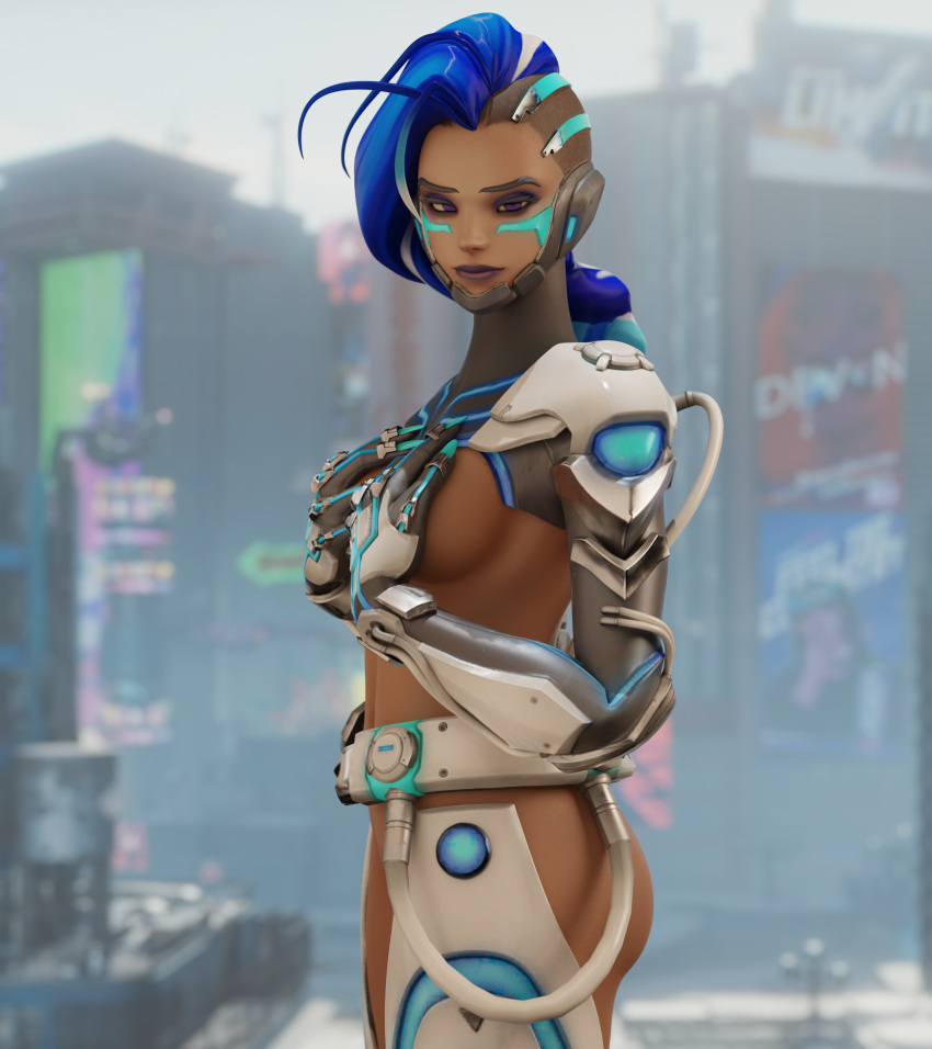 ass blue_hair breasts cyberpunk cyberspace_sombra cyborg female fjvnb functionally_nude looking_at_viewer overwatch sombra