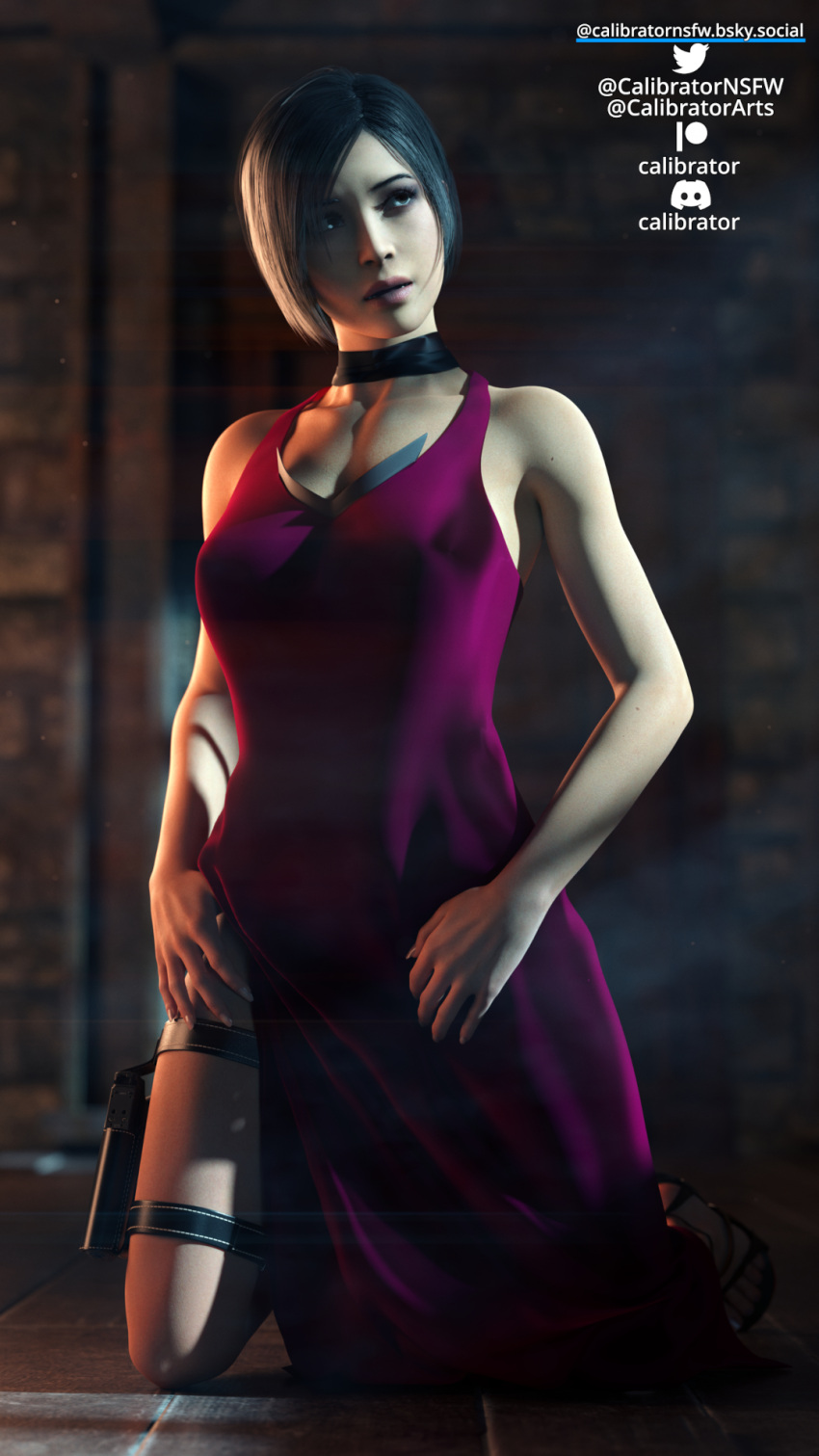 3d ada_wong black_hair calibrator dress heels kneeling pinup resident_evil thighs