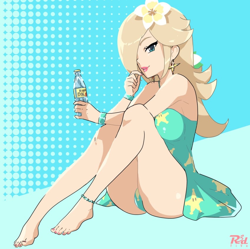 1girls alternate_costume ankle_bracelets barefoot blonde_hair blue_eyes blue_swimsuit feet female hair_over_one_eye lipstick looking_at_viewer mario_(series) mario_kart mario_kart_tour nail_polish nintendo painted_nails pink_nails princess_rosalina r3dfive sitting solo solo_female swimsuit toes