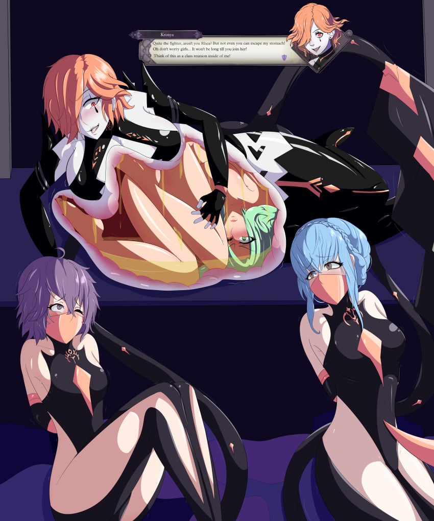 4girls bangs bernadetta_von_varley blue_hair bondage cleavage cleavage_cutout female female_only femsub fire_emblem fire_emblem:_three_houses green_hair inside_view kronya_(fire_emblem) large_breasts leotard makeup marianne_von_edmund multiple_girls multiple_subs naked orange_hair purple_hair rhea_(fire_emblem) shaded-seraphim vore