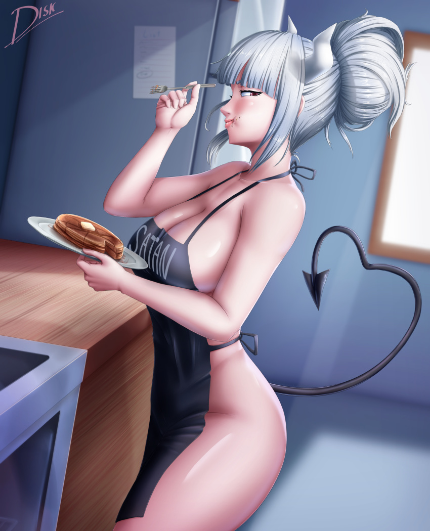 1girls apron apron_only demon demon_girl demon_tail diskette eating female helltaker horns looking_at_viewer lucifer_(helltaker) naked_apron pancake tail white_hair white_horn