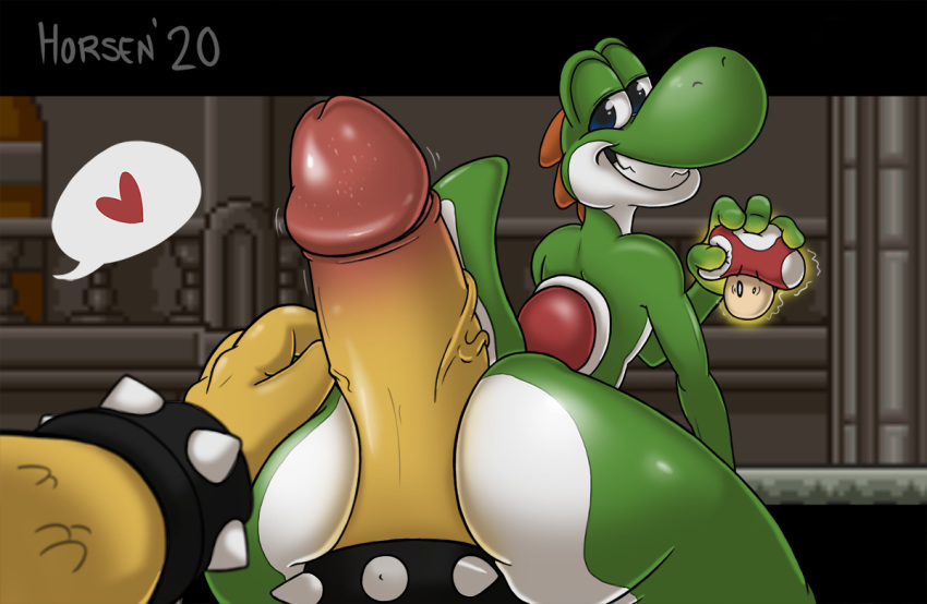 1boy 1other 2020 ambiguous_gender ass bowser cock_ring erection first_person_view fungus genitals green_yoshi half-closed_eyes hand_on_butt horsen hot_dogging koopa looking_at_viewer male male/ambiguous male_only male_pov mario_(series) mushroom narrowed_eyes naughty_face nintendo penis pictographics pov protagonistsub_antagonistdom scalie sex signature smile speech_bubble super_mario_bros. teeth video_games yoshi