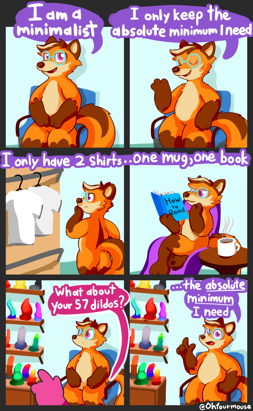 absurd_res beverage book canid canine chair clothing coffee coffee_mug comic dildo english_text fox furniture hanger hi_res male_focus mammal ohfourmouse reading sex_toy shelf shirt sitting text topwear