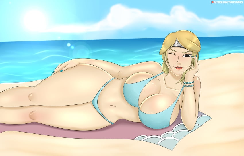 1girls beach beach_towel bead_bracelet big_breasts bikini black_eyes blonde_hair breasts busty cleavage female female_only forehead_protector looking_at_viewer lying makeup nail_polish naruto naruto_(series) naruto_shippuden nii_yugito ocean on_side red_lips sand smile thecrazyduck thick_thighs water wide_hips wink winking_at_viewer