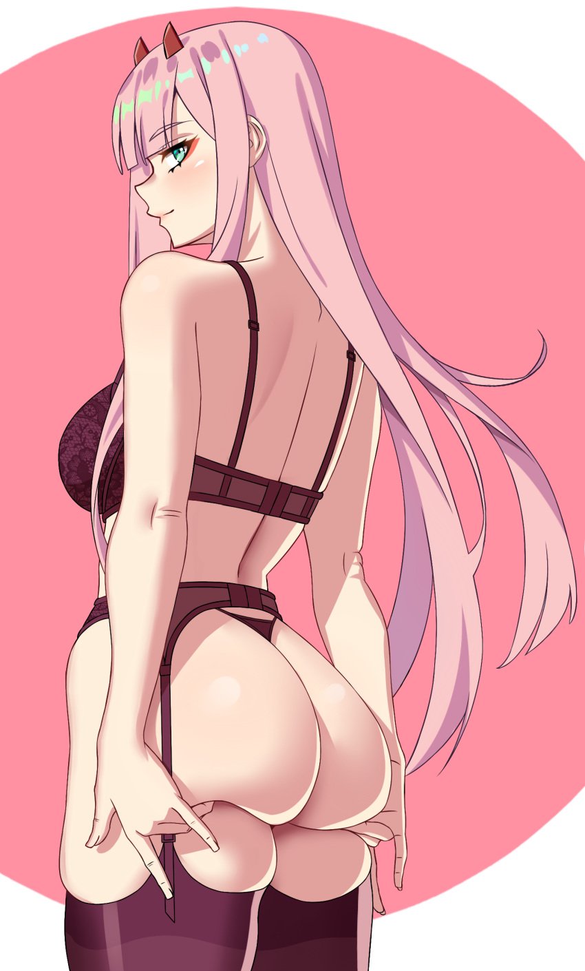 1girls aqua_eyes ass ass_focus ass_support big_ass bra danfer3 darling_in_the_franxx dat_ass female female_only garter_belt garter_straps horns lingerie panties pink_hair presenting_hindquarters smile solo stockings studio_trigger thighhighs thong zero_two_(darling_in_the_franxx)