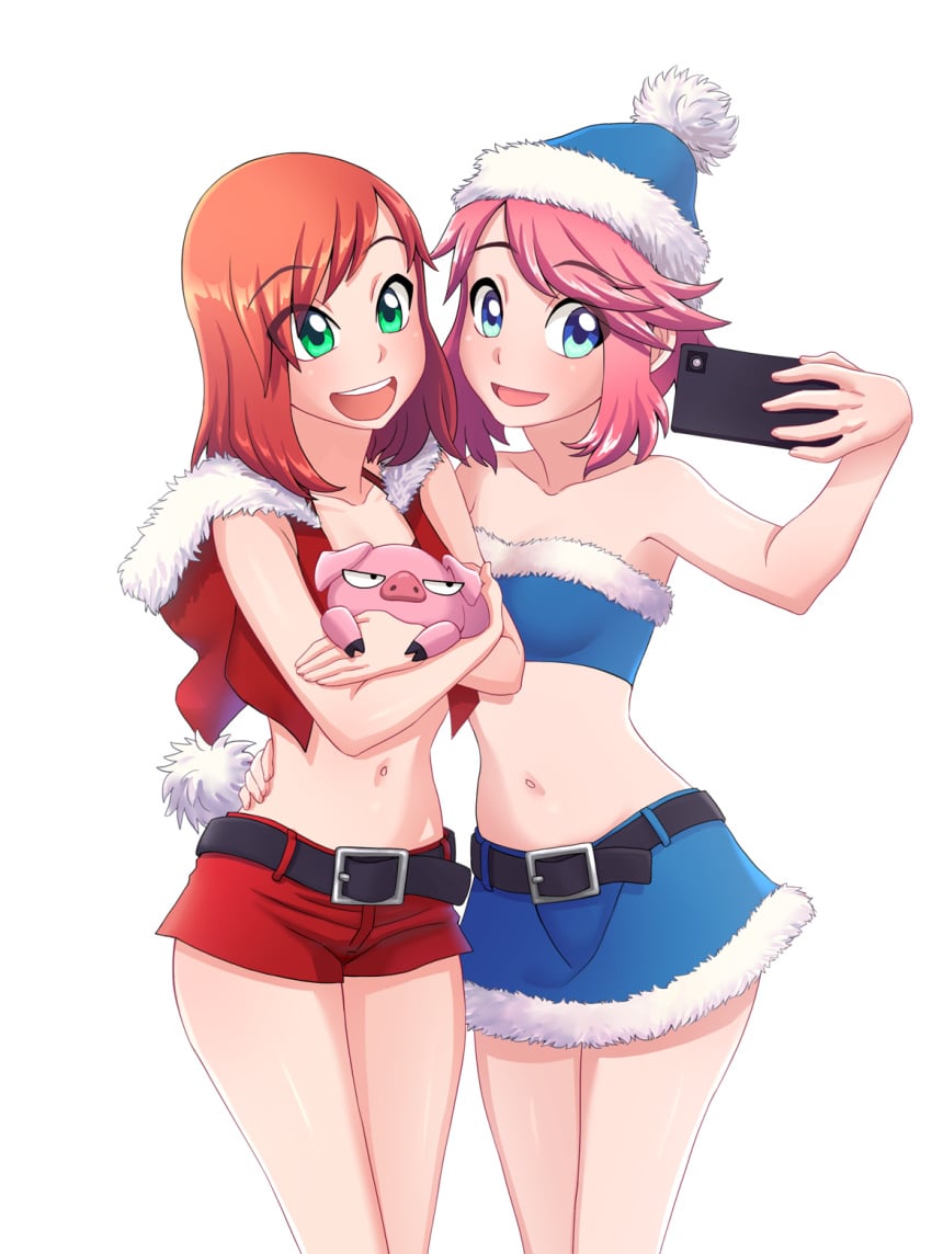 2girls belt blue_shirt breasts christmas_outfit crop_top cropped_jacket era_(era_hunter) erahunter erahunter_(game) medium_hair midriff multiple_girls naked_adventure navel nika_(naked_adventure) pig pink_hair red_bikini red_hair red_shorts santa_costume santa_hat selfie short_hair shorts skirt sleeveless_jacket tubetop