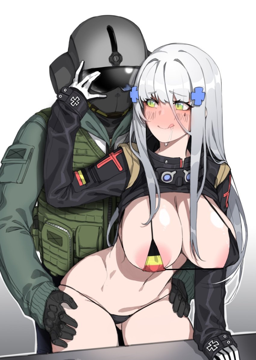 1boy 1girls :q areola_slip areolae ass_visible_through_thighs belgian_flag bikini black_gloves blush box20502017 breasts bulletproof_vest cleavage crossover facial_mark female flag_bikini flag_print girls'_frontline gloves green_eyes grey_hair hair_ornament hand_on_another's_head helmet hk416_(girls'_frontline) iron_cross jager_(rainbow_six) large_areolae large_breasts leaning_forward long_hair long_sleeves male mask micro_bikini mouth_mask navel rainbow_six rainbow_six_siege saliva soldier straight swimsuit tom_clancy tongue tongue_out torso_grab very_long_hair white_gloves white_hair xiangzi_box