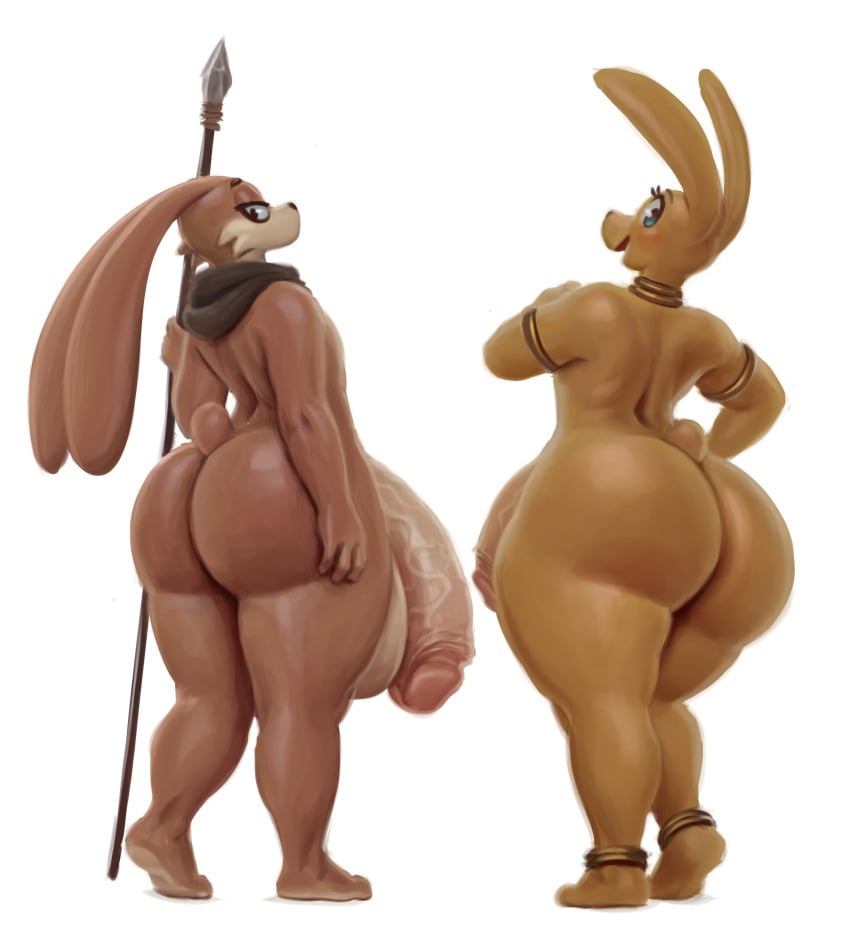 anthro ass balls big_balls big_butt big_penis butt_pose duo genitals girly hi_res holding_object holding_weapon huge_balls huge_butt huge_cock hyper hyper_balls hyper_genitalia hyper_penis lagomorph leporid looking_back male mammal melee_weapon multiple_penises nude patacon penis penis_size_difference polearm pose rabbit simple_background spear weapon white_background