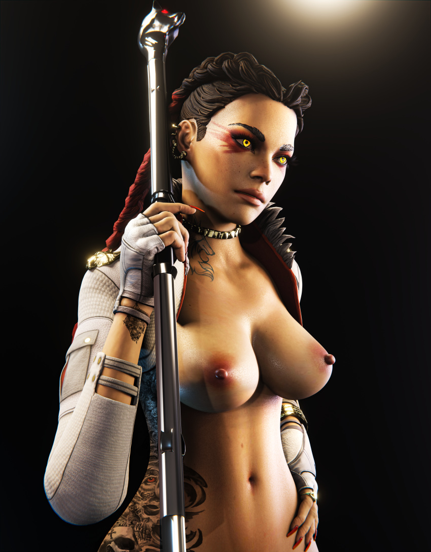 1girls 3d abs apex_legends braid braided_hair braided_twintails breasts brown_eyes brown_hair brunette choker dark-skinned_female dark_skin eyelashes eyeshadow female female_only freckles glowing_eyes latina loba_(apex_legends) multicolored_hair nipples orange_eyes red_eyeshadow sci-fi science_fiction scifi selects solo solo_female tanned tattoos twintails yellow_eyes