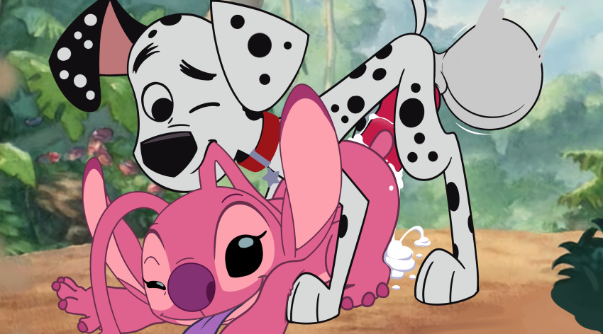 101_dalmatian_street 101_dalmatians 2020 4_fingers absurd_res alien angel_(lilo_and_stitch) antennae_(anatomy) balls big_balls big_penis black_eyes black_nose canid canine canis claws collar collar_only crossover dalmatian disney domestic_dog duo dylan_(101_dalmatians) experiment_(lilo_and_stitch) female feral fingers fur genitals hi_res huge_cock hypergal leaking_pussy lilo_and_stitch male mammal one_eye_closed outside penis pink_antennae pink_body pink_fur purple_claws purple_tongue red_collar screencap screencap_background spots straight tongue tongue_out white_body white_fur