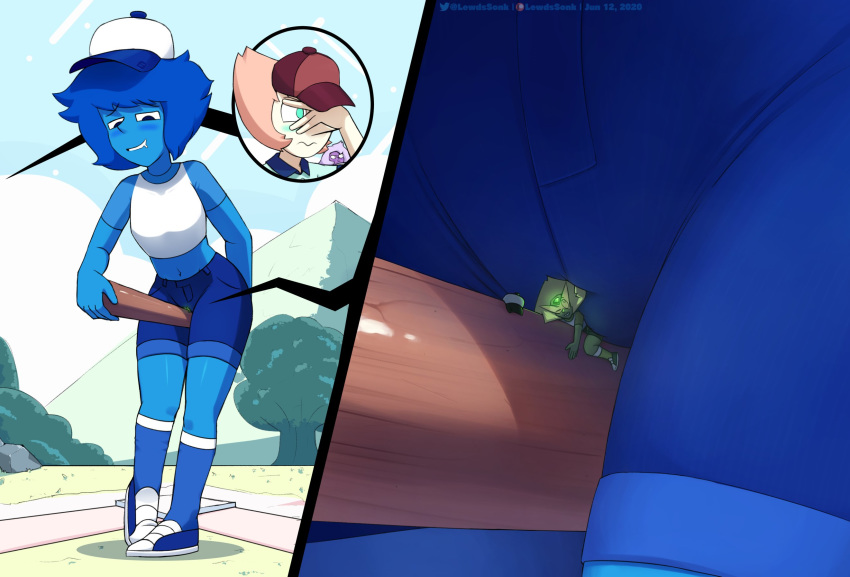 2020 2020s alien alien_girl alien_humanoid baseball_bat baseball_cap baseball_field baseball_uniform bat_(object) blue_body blue_hair blue_shorts blue_skin blue_socks blush bottomwear cap cartoon_network clothed_masturbation clothing denim_shorts female footwear gem_(species) green_body green_skin grinding hand_on_ass hat headgear headwear hi_res humanoid jean_shorts knee_socks lapis_lazuli_(bob) lapis_lazuli_(steven_universe) legwear masturbation micro one_eye_obstructed patreon pearl_(steven_universe) peridot_(steven_universe) pussy_grinding pyramid raised_eyebrows red_cap shoes shorts sneakers socks sonikku sportswear standing steven_universe tree twitter uniform wavy_mouth