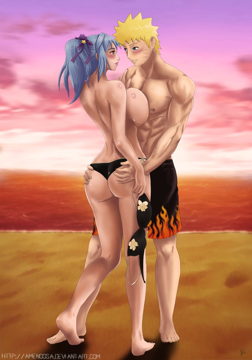 1boy 1girls amenoosa ass barefoot beach big_breasts bikini blue_eyes blush breast_on_chest breast_press breasts crossover face_to_face facial_markings female hands_on_ass kurono_kurumu light_blue_hair lipstick long_hair makeup male naruto naruto_(series) naruto_shippuden ocean ponytail purple_eyes rosario+vampire sand short_hair smile straight succubus sunset swimwear tied_hair topless uzumaki_naruto water yellow_hair