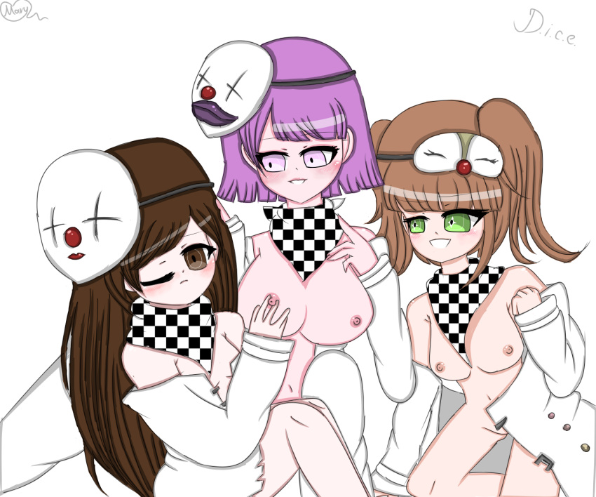 3girls big_breasts blush brown_eyes brown_hair danganronpa danganronpa_v3 dark_hair female_only green_eyes kokichi_ouma long_hair mask medium_breasts multiple_girls new_danganronpa_v3 ouma_kokichi pink_eyes purple_hair rule_63 shiny_eyes short_hair small_breasts straight_hair twintails white_background