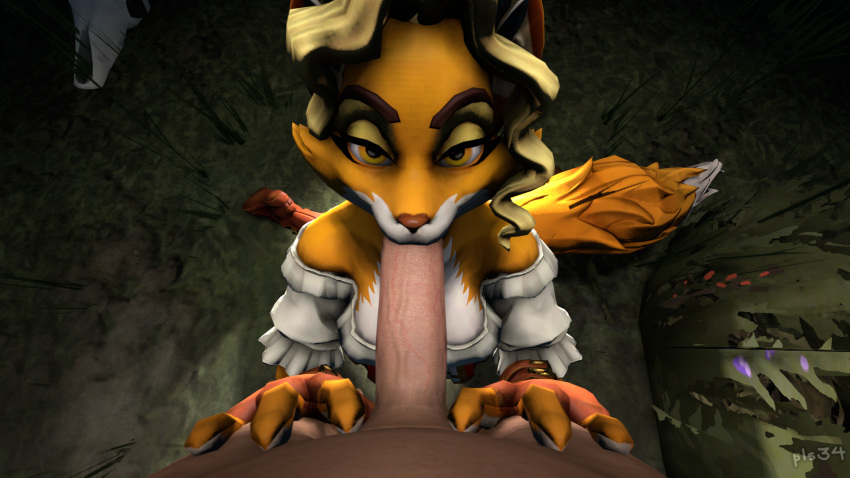 animal_humanoid blowjob clothed clothing fellatio fox fox_ears fox_girl fox_tail furry hilda_the_huntress pls34 realm_royale the_huntress_(realm_royale)