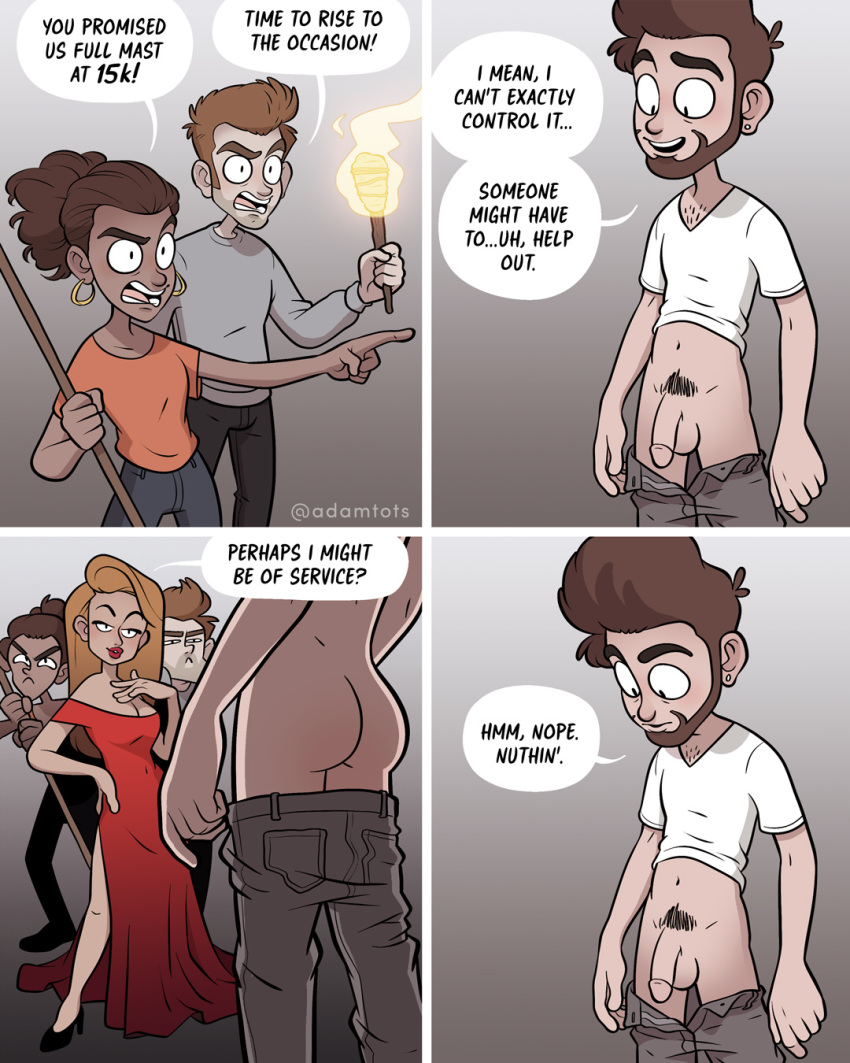 2boys 2girls adam_ellis adamtots angry_mob artist_name ass balls ballsack beard blonde_hair brown_hair circumcised comic erectile_dysfunction facial_hair flaccid funny male_focus male_pubic_hair pants_down penis scrotum testicles webcomic