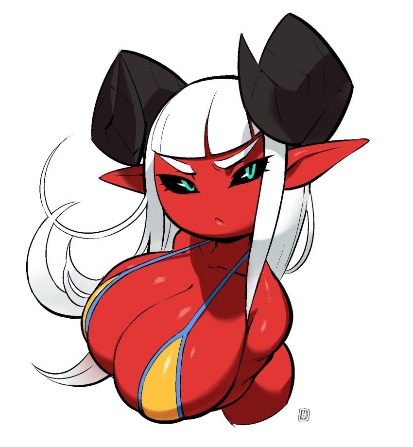 1girls big_breasts bikini bikini_top breasts cleavage demon_girl female female_only huge_breasts large_breasts looking_at_viewer lyla_(thehelmetguy) red_skin solo succubus thehelmetguy