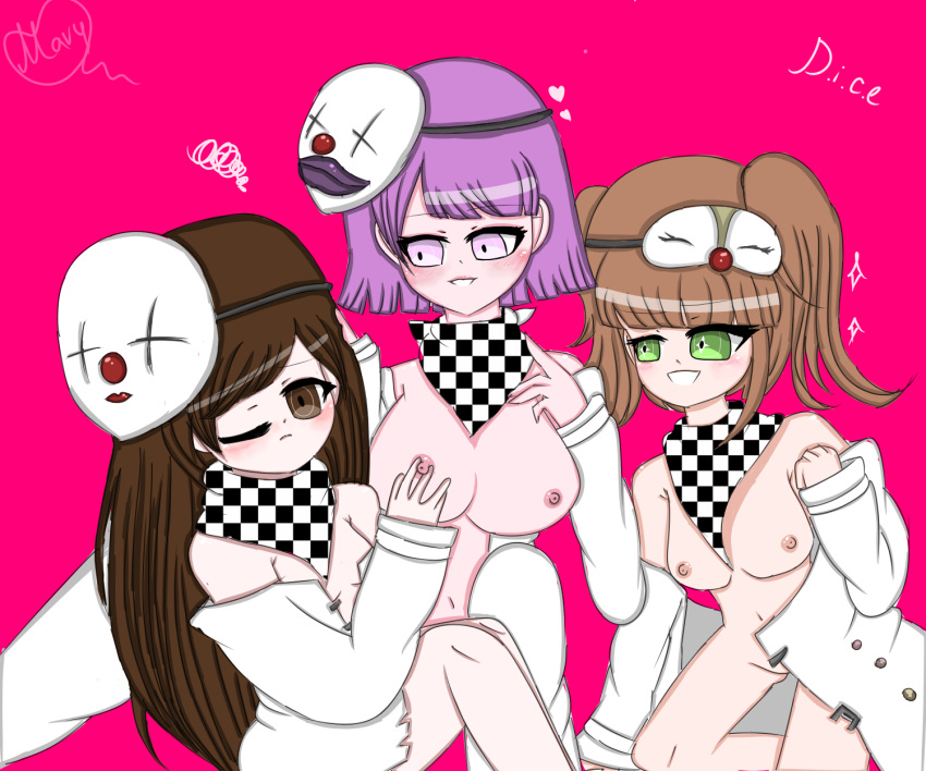 big_breasts blush brown_eyes brown_hair clothing danganronpa danganronpa_v3 dark_hair green_eyes kokichi_ouma long_hair looking_at_another looking_away mask medium_breasts new_danganronpa_v3 ouma_kokichi pink_background pink_eyes purple_hair rule_63 shiny_eyes short_hair small_breasts straight_hair twintails