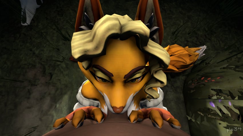 animal_humanoid clothed clothing deep_throat deepthroat fellatio fox fox_ears fox_girl fox_tail furry hilda_the_huntress oral pls34 realm_royale the_huntress_(realm_royale)