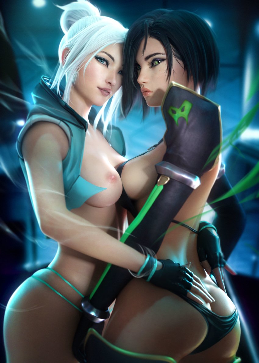 2girls 3d black_hair blue_eyes breasts clothed clothed_female female fingerless_gloves gloves green_eyes inviting jett_(valorant) light-skinned_female light_skin nipples panties ponytail riot_games sevenbees short_hair smile smiling_at_viewer valorant video_game_character viper_(valorant) white_hair yuri