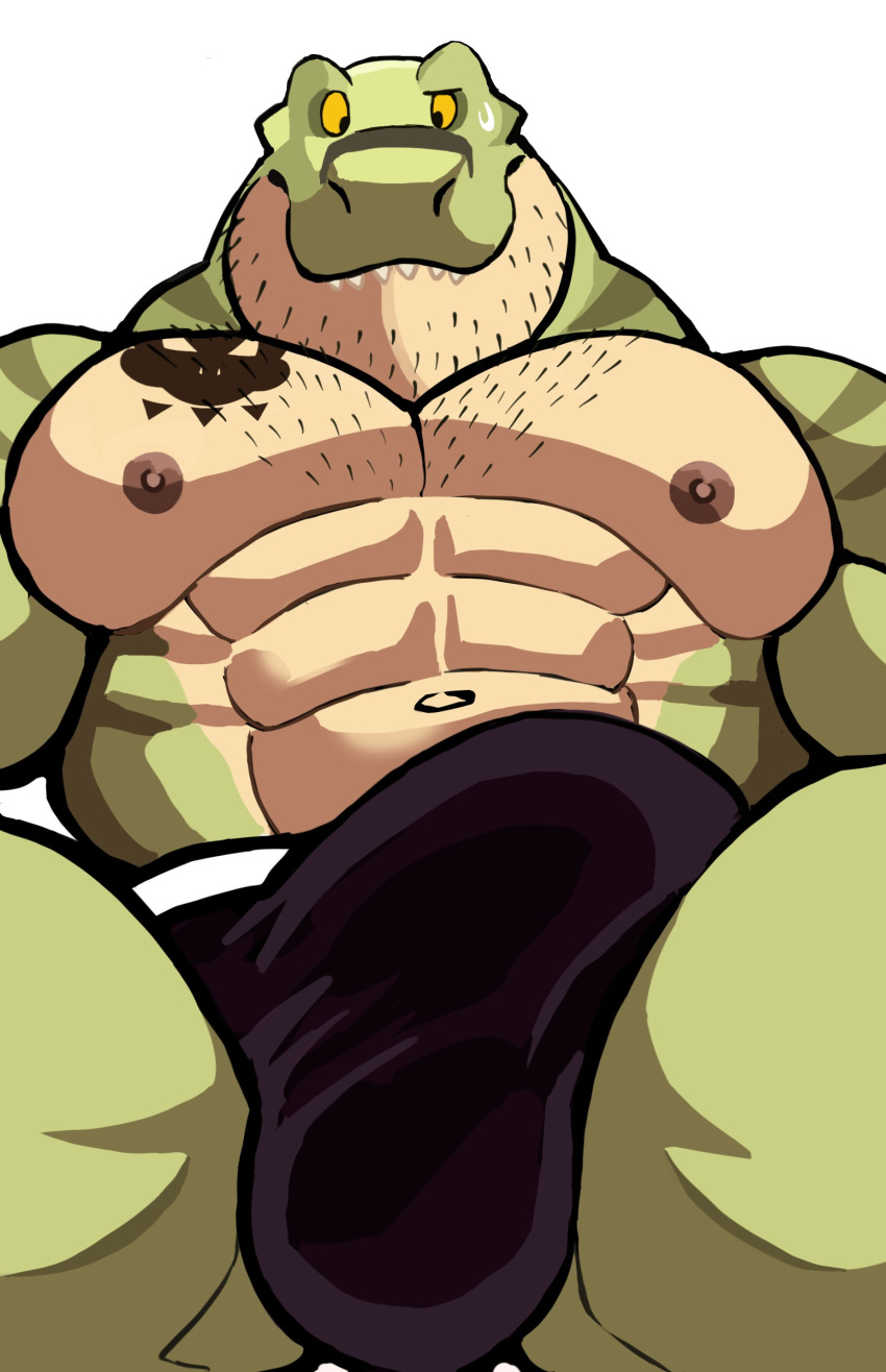 1boy abs absurd_res anthro biceps body_hair bulge clothing darknaigart dinosaur flaccid front_view green_body hi_res jace_(darknaig) looking_down male male_only muscular muscular_anthro muscular_male nipples pecs reptile scalie solo solo_male spread_legs tattoo teeth theropod tyrannosaurid tyrannosaurus tyrannosaurus_rex underwear yellow_eyes