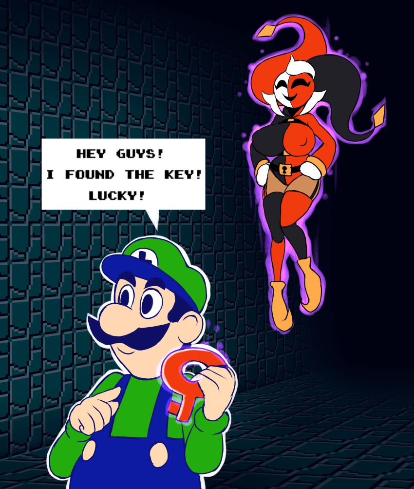 absurd_res blank_stare cave clothed clothing dialogue gloves hand_on_hip holding_object jester_cap key lady_phanto long_sleeves luigi mario_(series) mask metachoke nintendo nipples_visible_through_clothing phanto sleeves super_mario_bros._2 super_mario_maker super_mario_maker_2 text text_box thighhighs white_gloves