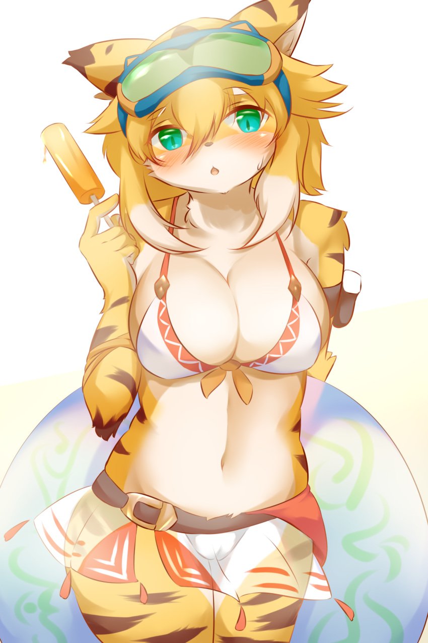 absurd_res anthro big_breasts bikini blush breasts clothing felid female fingers fur genitals ginko0101 green_eyes hair hi_res looking_at_viewer mammal mia_(world_flipper) pantherine pussy solo stripes swimwear tiger world_flipper yellow_body yellow_fur