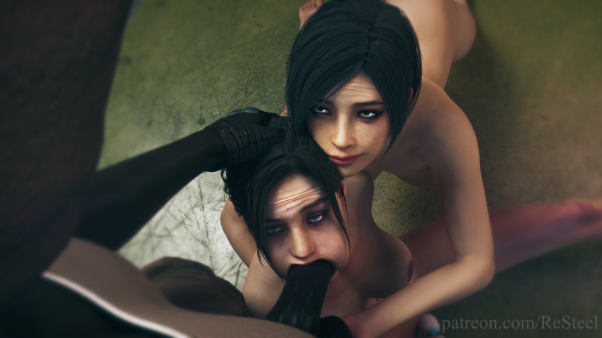 1boy 2girls 3d ada_wong ada_wong_(adriana) areolae asian asian_female big_penis blowjob blue_eyes brown_eyes brown_hair capcom claire_redfield claire_redfield_(jordan_mcewen) dark-skinned_male dark_skin deepthroat erection feet fellatio grabbing hand_on_breast head_grab interracial kneeling light-skinned_female looking_at_viewer masturbation nipples nude oral penis pussy resident_evil resident_evil_2 resident_evil_2_remake resteel sex testicle_grab testicles threesome toes umbrella_rpd