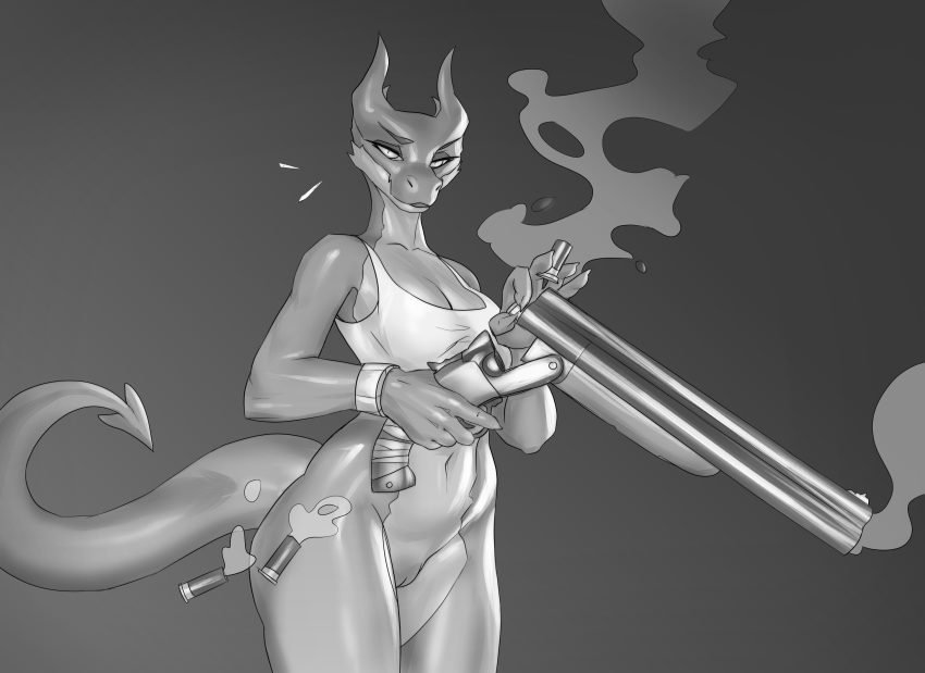 2020 anthro bottomless breasts clothed clothing double-barreled_shotgun female firearm genitals glistening glistening_body gun hi_res horn monochrome navel pussy ranged_weapon reloading scalie shirt shotgun smoke solo swameliz tank_top topwear weapon