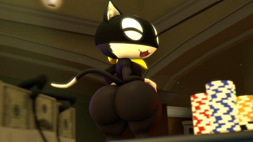 3d anthro ass_focus big_ass big_butt black_body black_fur bottom_heavy bubble_ass bubble_butt casino cat_ears cat_tail closed_eyes curvy curvy_figure feline femboy hand_on_hip happy laugh laughing male_only mask morgana_(persona) naked persona persona_5 presenting_ass scarf sfm shortstack shortstack_femboy showing_ass showing_off smiling solo_male source_filmmaker thick_thighs uncle_aiden white_fur wide_hips