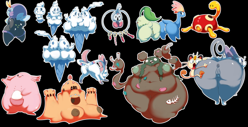 14girls 1boy 6+girls anthro areolae ass big_ass big_breasts black_background chikorita chubby garbodor meowth nintendo nipples oddrich pokémon_(species) pokemon pokemon_bw pokemon_dppt pokemon_gsc pokemon_rgby sylveon thick_ass thick_thighs vanillish vanillite vanilluxe voluptuous wide_hips