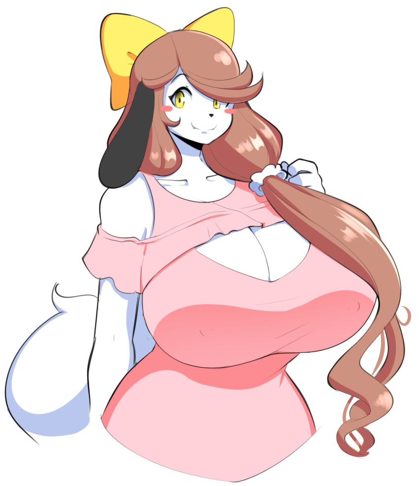 anthro bare_shoulders blush bob_cut canid canid_humanoid canine canine_humanoid canis clavicle dog_ears dog_humanoid fluffy_tail hair_over_breasts hair_over_one_eye hairbow holly_applebee hourglass_figure huge_breasts large_ass large_breasts long_hair pink_clothing pink_sweater theycallhimcake white_background white_fur white_skin