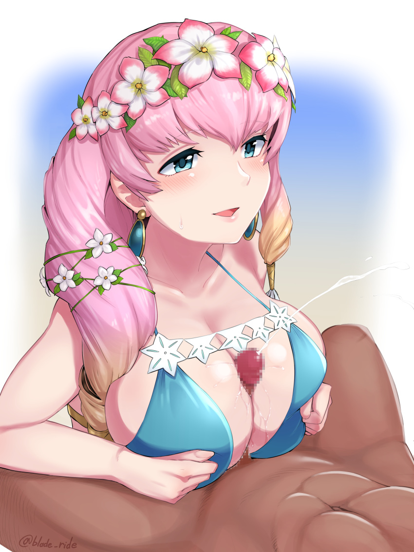 1girls bikini blade_ride blue_eyes breasts cum cum_between_breasts cum_on_breasts cum_trail earrings ejaculation_between_breasts female fire_emblem fire_emblem_heroes gunnthra_(fire_emblem) gunnthra_(summer)_(fire_emblem) large_breasts nintendo paizuri pink_hair straight