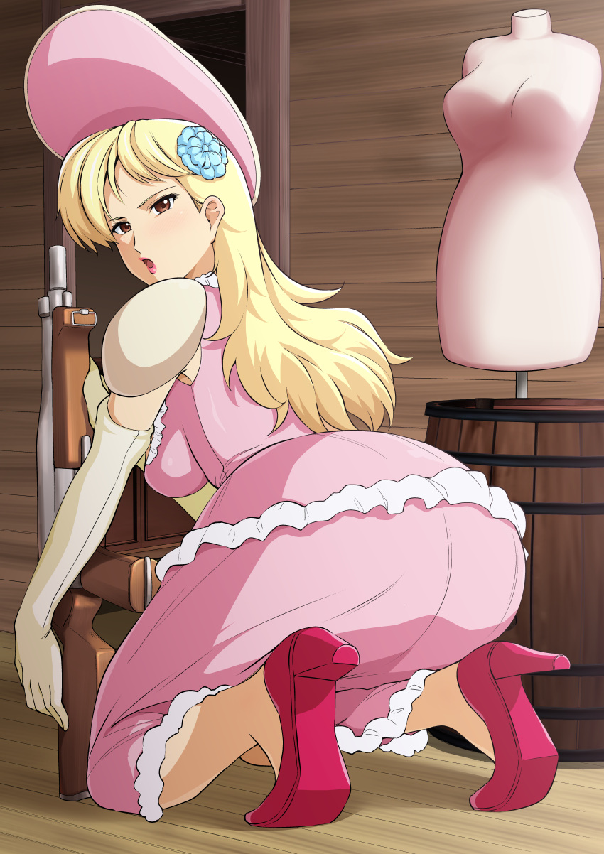 1girls annie_(wild_guns) ass barrel blonde_hair breasts brown_eyes dress elbow_gloves female female_only gloves gun haruhisky hat high_heels indoors kneeling large_ass looking_at_viewer looking_back medium_breasts open_mouth solo source_request weapon wild_guns