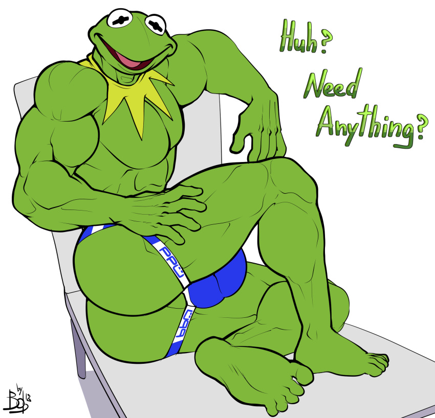 2018 abs amphibian anthro ass big_muscles black_eyes blue_clothing blue_underwear bobthetanuki bulge clothed clothing dialogue english_text extrasizedbob frog genital_outline green_body green_skin hi_res jockstrap kermit_the_frog male male_only muppets muscular muscular_anthro muscular_male open_mouth pecs penis_outline simple_background smile text topless underwear underwear_only what white_background