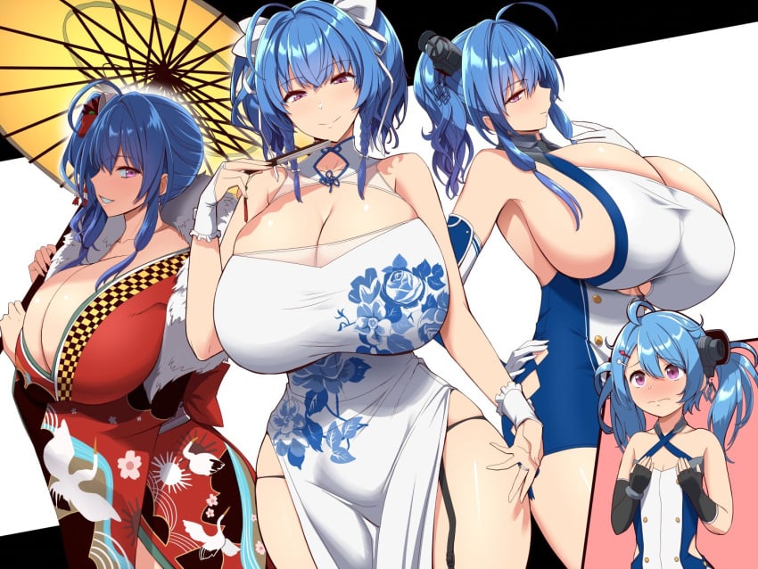 4girls alternate_costume azur_lane barely_contained big_breasts blue_hair breast_envy breasts breasts_bigger_than_head cleavage dress eagle_union_(azur_lane) fan female female_only flat_chest flat_chested hand_fan helena_(azur_lane) hips holding_fan huge_breasts kimono kloah large_breasts light-skinned_female light_skin looking_at_viewer multiple_girls parasol purple_eyes solo_focus st._louis_(azur_lane) st._louis_(blue_and_white_pottery)_(azur_lane) st._louis_(spirits_in_the_snow)_(azur_lane) thighs