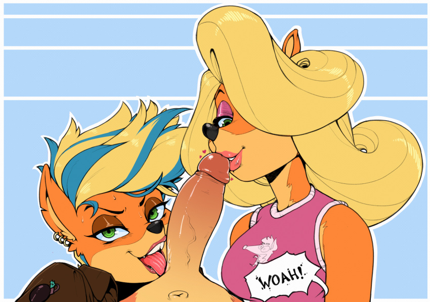 1boy 2girls anthro bandicoot big_cock blonde_hair blue_hair blue_highlights clothed collaborative_fellatio counterpart crash_bandicoot crash_bandicoot_(series) crash_bandicoot_4:_it's_about_time double_blowjob earrings english_text erection exclamation_point eyeshadow fellatio green_eyes hair_over_one_eye hearts hearts_around_penis kissing_penis licking licking_penis long_blonde_hair long_hair looking_at_viewer mff_threesome multicolored_hair multiple_girls naughty_dog penis pink_eyeshadow pov ricksteubens short_blonde_hair short_hair speech_bubble spoken_exclamation_point tawna_bandicoot tawna_bandicoot_(crash_4) teamwork text threesome tongue tongue_out two_tone_hair veiny_penis