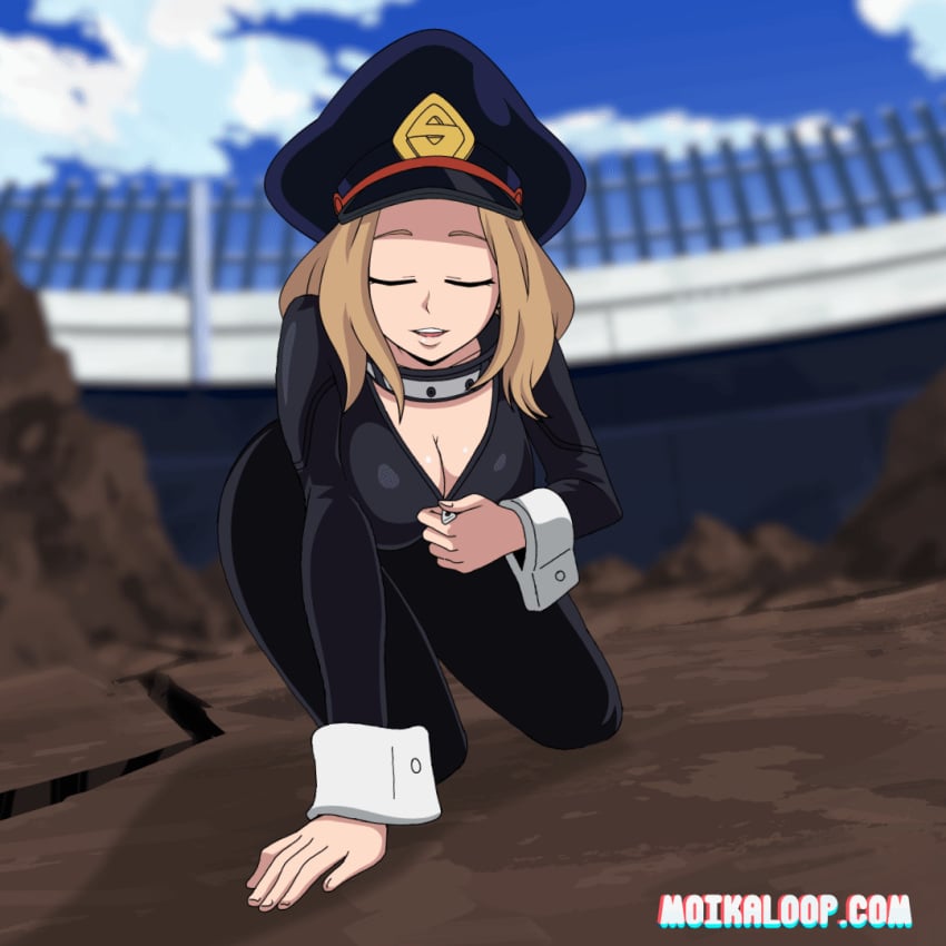 1girls 2020 animated black_bodysuit blonde_hair blush bodysuit breasts brown_eyes camie_utsushimi cleavage collar curvaceous female female_only gif hat hero_outfit_(mha) high_resolution large_breasts looking_at_viewer medium_hair moikaloop my_hero_academia open_mouth screencap shiketsu_high_school_cap shounen_jump skin_tight smile solo solo_female thick_thighs thighs unzipping unzipping_bodysuit wide_hips wrist_cuffs