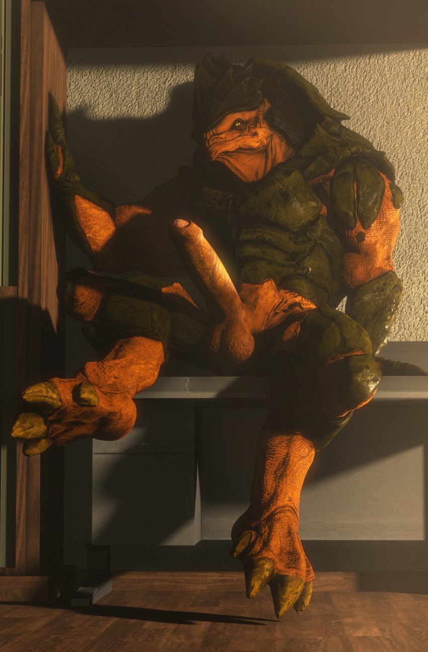 3d 3d_(artwork) alien balls big_balls big_penis desk erection furniture genitals hi_res huge_cock inviting krogan male male_only mass_effect muscular muscular_male penis pose rooking sitting solo uncut video_games