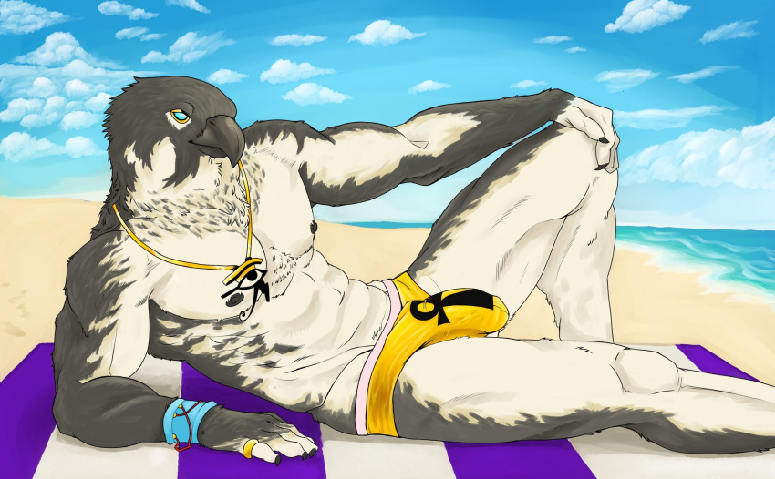 2020 accipitrid accipitriform ankh anthro avian beach bird blue_eyes bulge clothing deity egyptian_mythology hi_res horus jewelry male male_only middle_eastern_mythology midnightsultry mythology necklace nipples seaside sky solo speedo swimwear