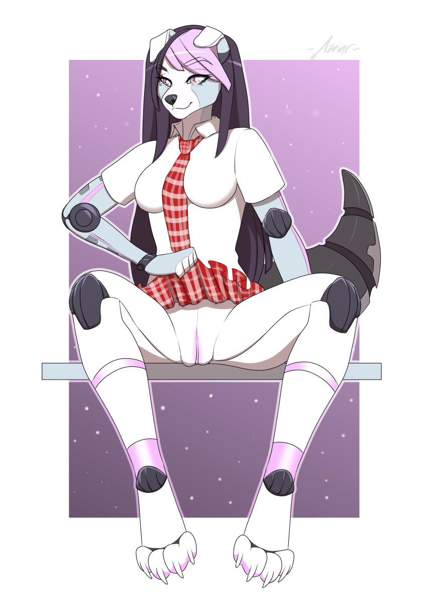 absurd_res amur android annie_love anthro bottomless bottomwear canid canine canis clothed clothing clothing_lift cybernetics cyborg domestic_dog female hair hi_res machine mammal robot school_uniform skirt skirt_lift solo uniform