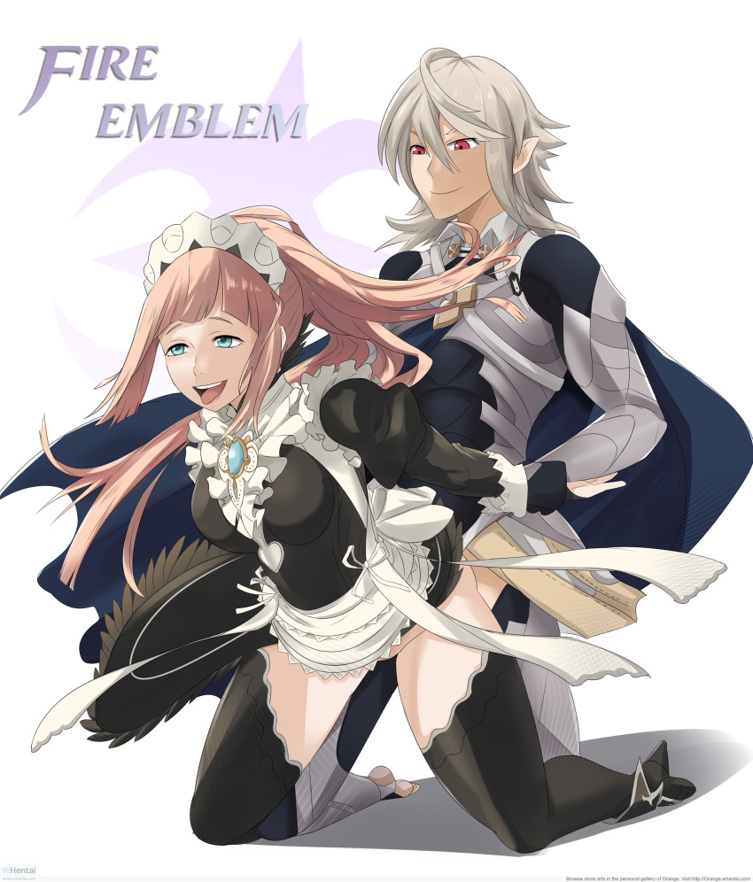 ambiguous_penetration blue_eyes corrin_(fire_emblem) corrin_(fire_emblem)_(male) doggy_style felicia_(fire_emblem) fire_emblem fire_emblem_fates grey_hair maid_headdress maid_uniform orange_(artist) penetration pink_hair pointy_ears red_eyes whentai