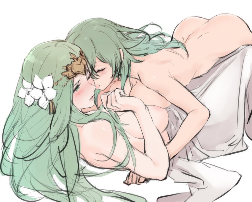 2girls areola_slip ass blush breast_press butt_crack byleth_(fire_emblem) byleth_(fire_emblem)_(female) cheek_licking closed_eyes female_only fire_emblem fire_emblem:_three_houses fire_emblem_heroes flower_in_hair green_eyes green_hair kisetsu large_breasts lesbian licking licking_cheek long_hair multiple_girls nintendo nude nude_female older_female rhea_(fire_emblem) submissive_female symmetrical_docking very_long_hair yuri