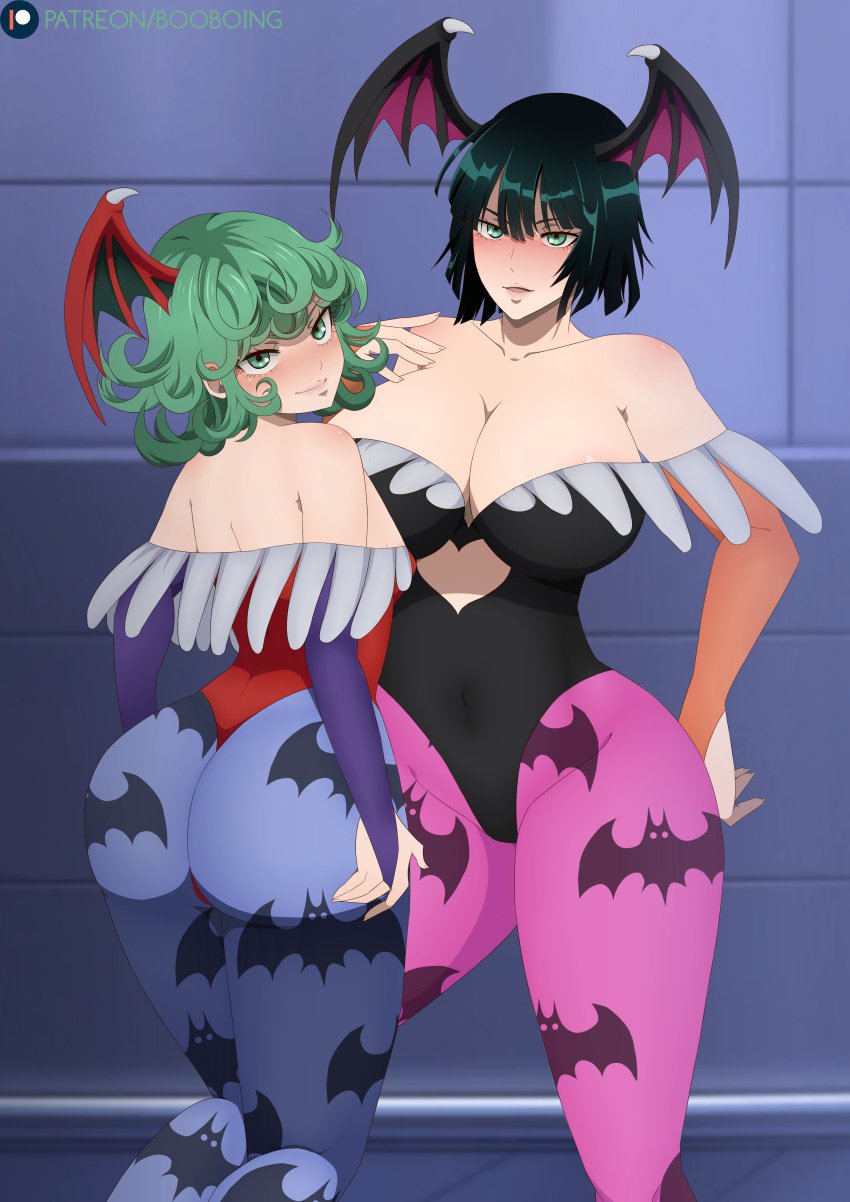 2girls animal_print ass bat_print big_ass big_breasts booboing bottom_heavy breasts child_bearing_hips cleavage clothing cosplay darkstalkers duo female female_only flat_chest fubuki_(one-punch_man) green_eyes green_hair head_wings hourglass_figure huge_ass huge_breasts large_ass large_breasts lilith_aensland lilith_aensland_(cosplay) looking_at_viewer morrigan_aensland morrigan_aensland_(cosplay) multiple_girls one-punch_man patreon pear-shaped_figure pear_shaped pear_shaped_female sisters smile tatsumaki thick_thighs thunder_thighs wide_hips