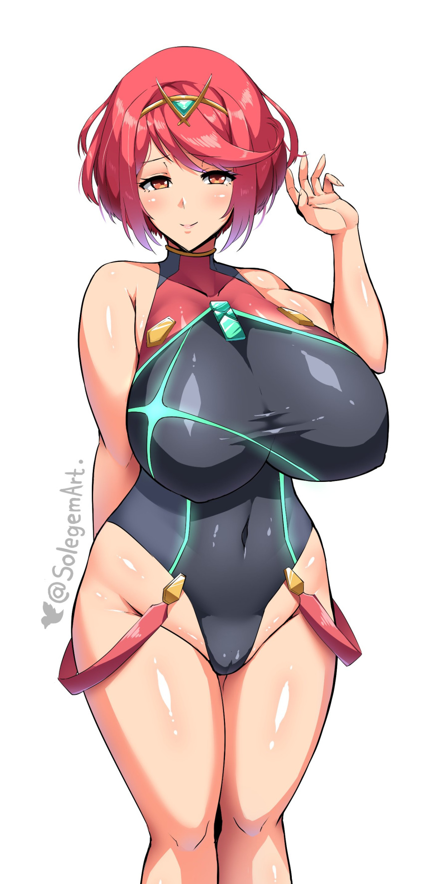 1girls big_breasts cameltoe female huge_breasts large_breasts nintendo pale-skinned_female pale_skin pyra red_eyes red_hair short_hair sole_gem solo swimsuit thick_thighs thighs white_background wide_hips xenoblade_(series) xenoblade_chronicles_2