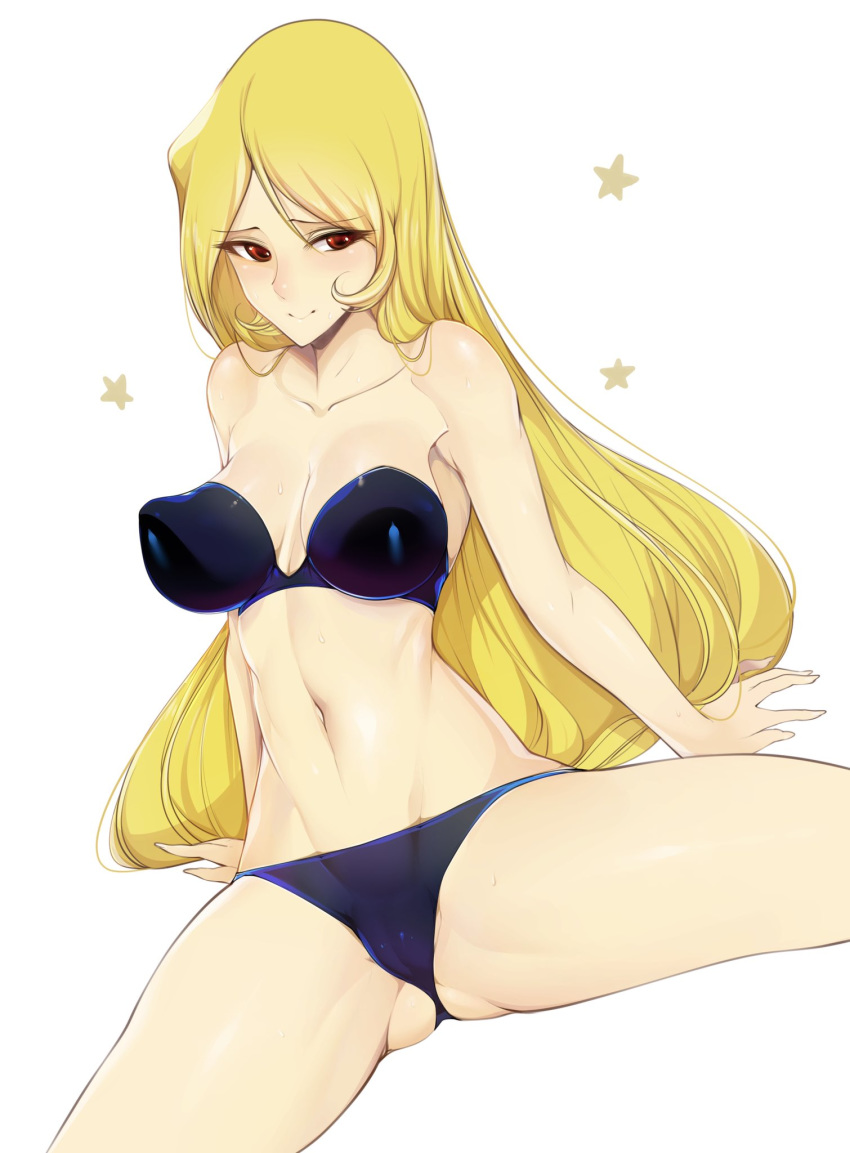 1girls 70s black_panties blonde_hair bra breasts curvaceous female galaxy_express_999 large_breasts leijiverse light-skinned_female light_skin long_hair looking_at_viewer maetel panties red_eyes simple_background slugbox solo underwear