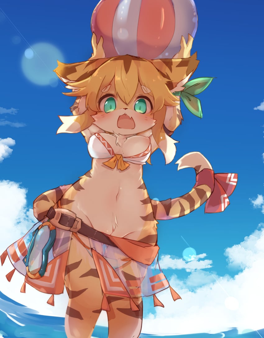 2020 anthro ball beach_ball blush breasts cloud felid female fur genitals green_eyes hi_res kemono mammal mia_(world_flipper) nipples one_breast_out pantherine pussy sky solo striped_body striped_fur stripes sunapua tiger water world_flipper