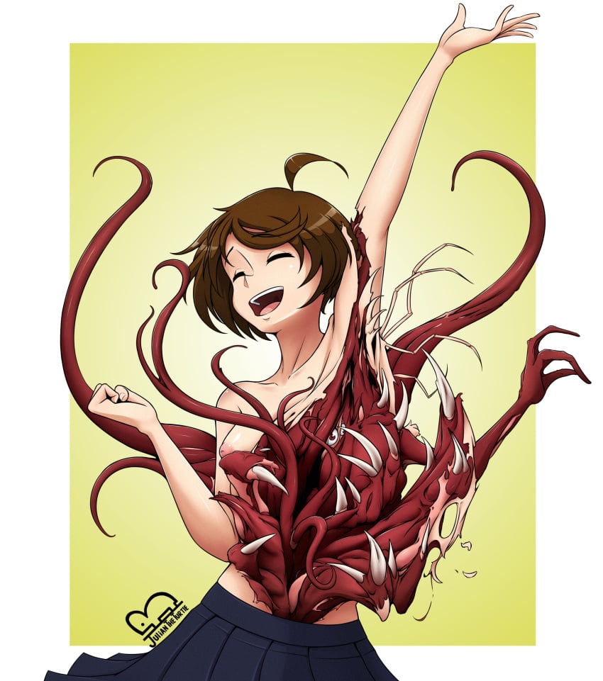 5_fingers absurd_res areola body_horror bottomwear breasts brown_hair clothed clothing female fingers hair hi_res humanoid inverted_nipples juliantheturtle kyoko_(juliantheturtle) monster monstrous_humanoid nipples not_furry open_mouth simple_background skirt solo teeth tentacle the_thing topless